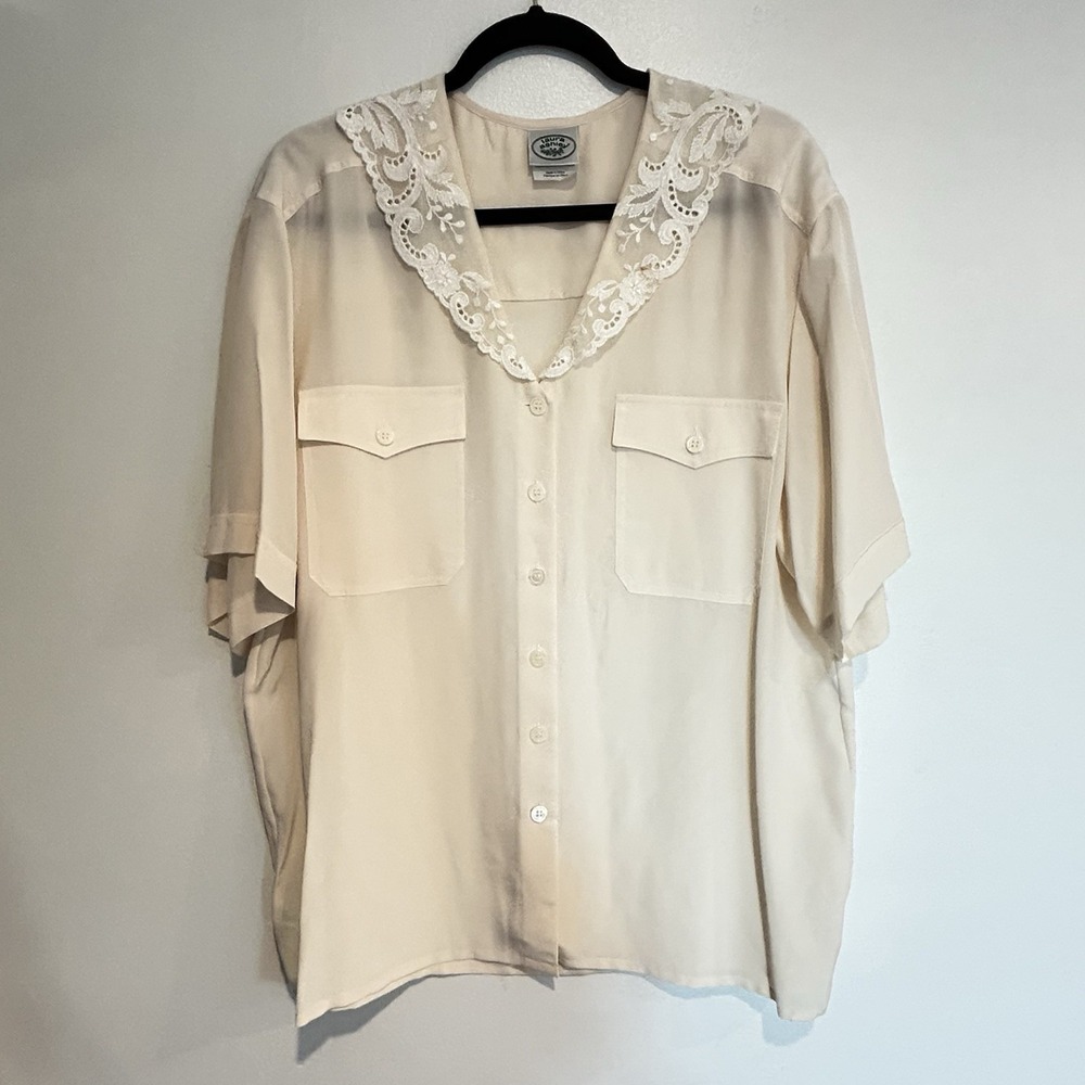 Laura Ashley Cottagecore Grandma Coastal Lace Collar 100% Silk Blouse Ivory Sz 8